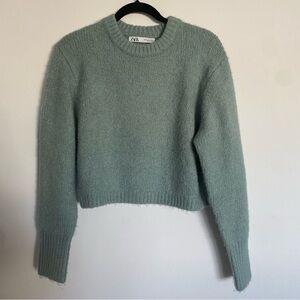 Zara Blue Green Cropped Fuzzy Crewneck Sweater